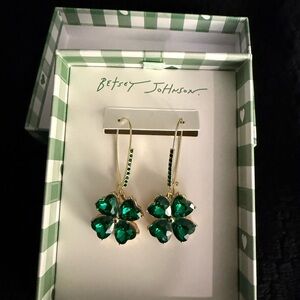 Betsey Johnson Gold-Tone Emerald Crystal Clover Dangle Earrings